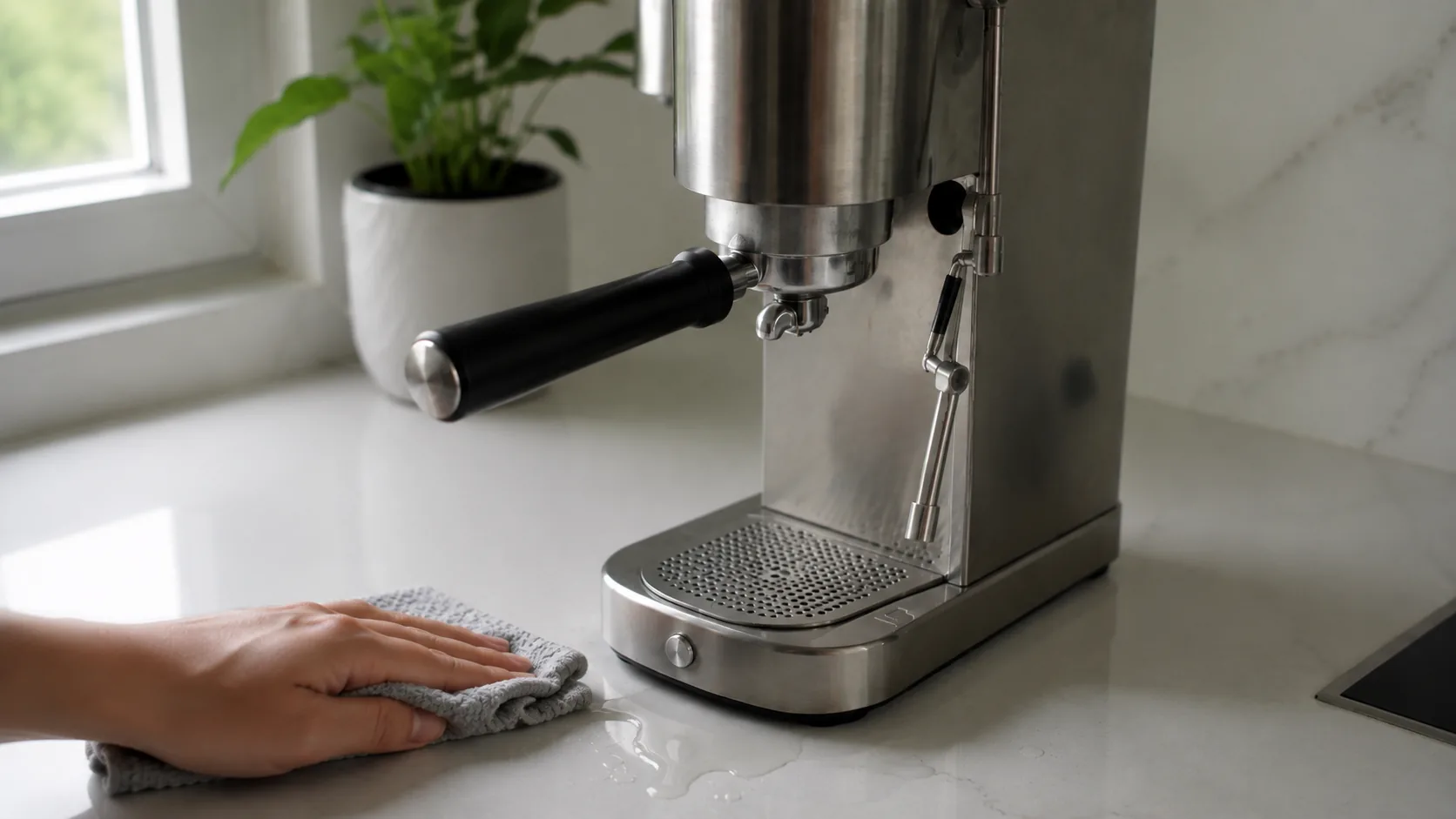 A pool of water under a slim De'Longhi Dedica being wiped up