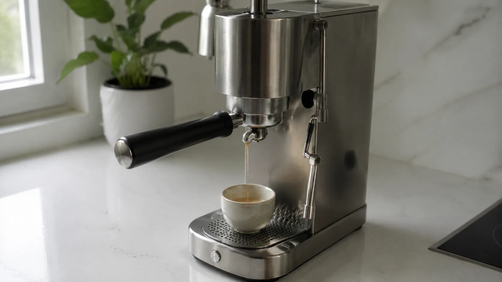 A pale, weak espresso pouring from a slim De'Longhi Dedica