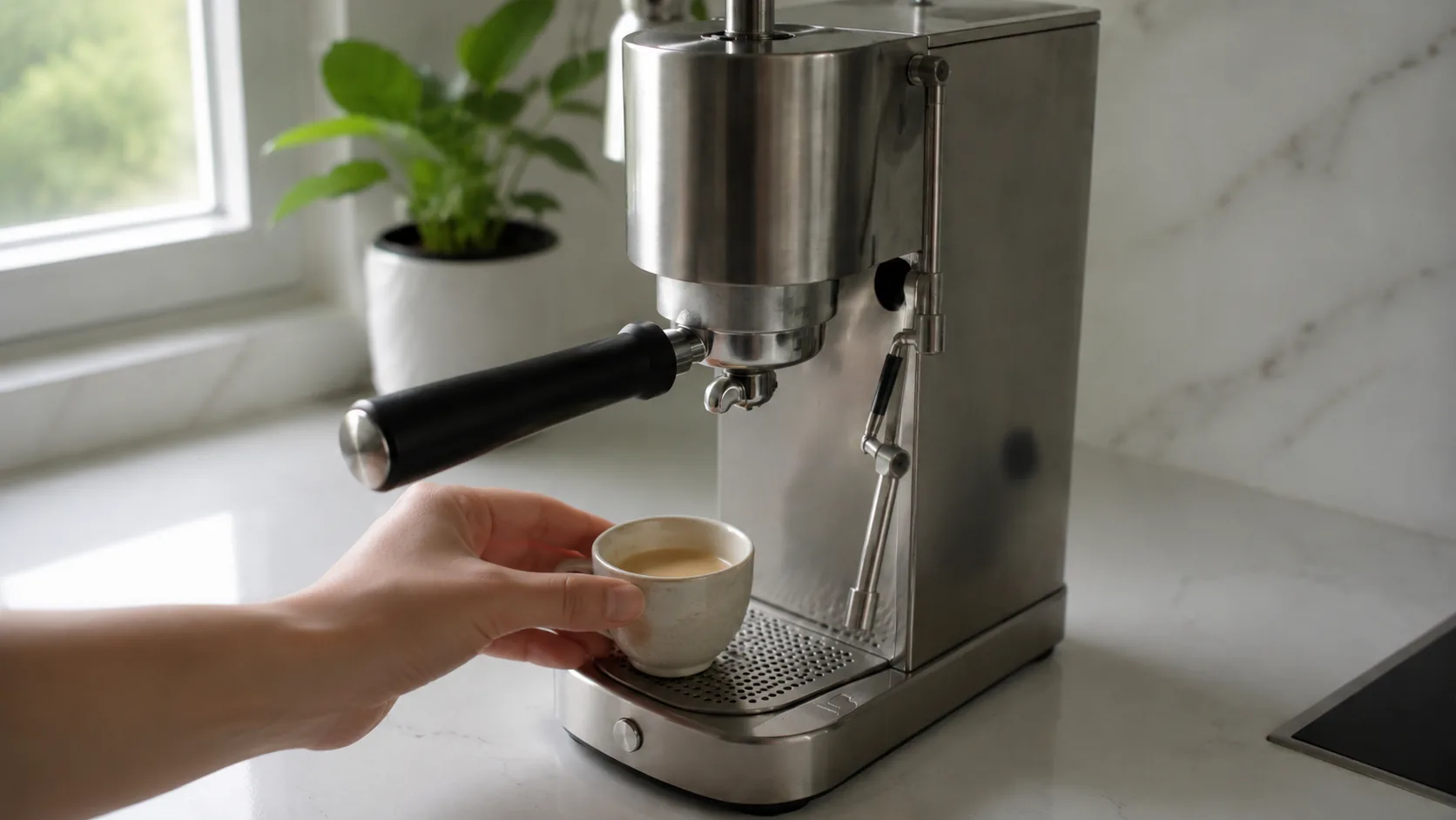 A small lukewarm, steam-less espresso beside a slim De'Longhi Dedica