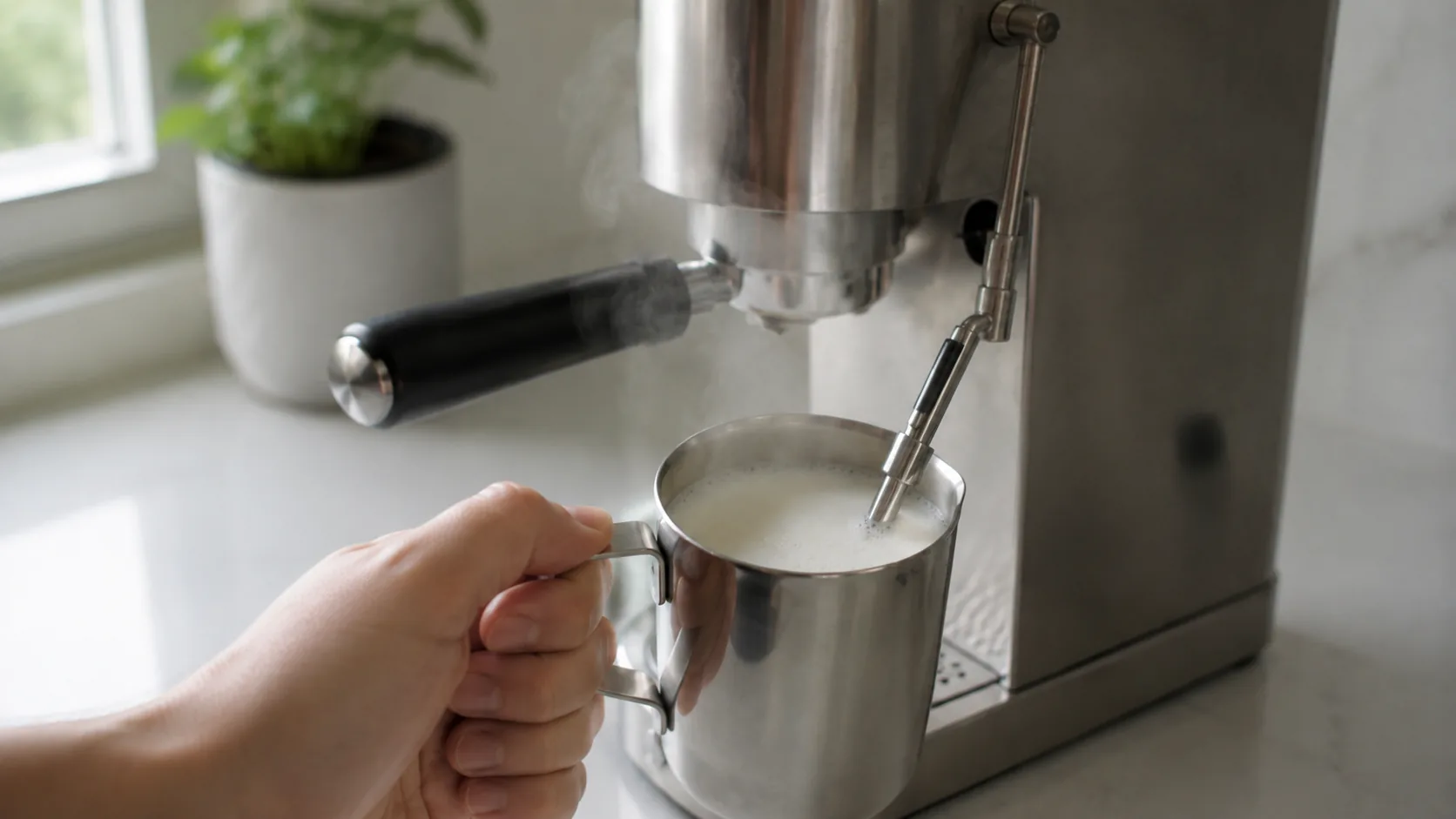 The Pannarello steam wand of a De'Longhi Dedica frothing milk in a jug