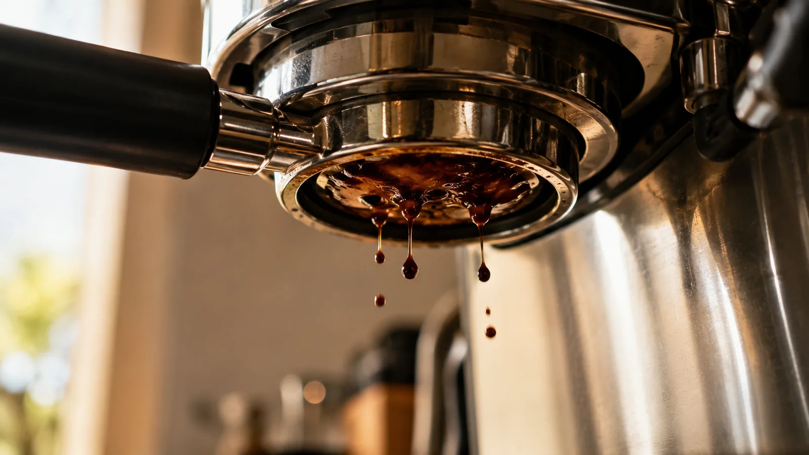 Espresso barely dripping from a bottomless portafilter instead of pouring in a steady stream