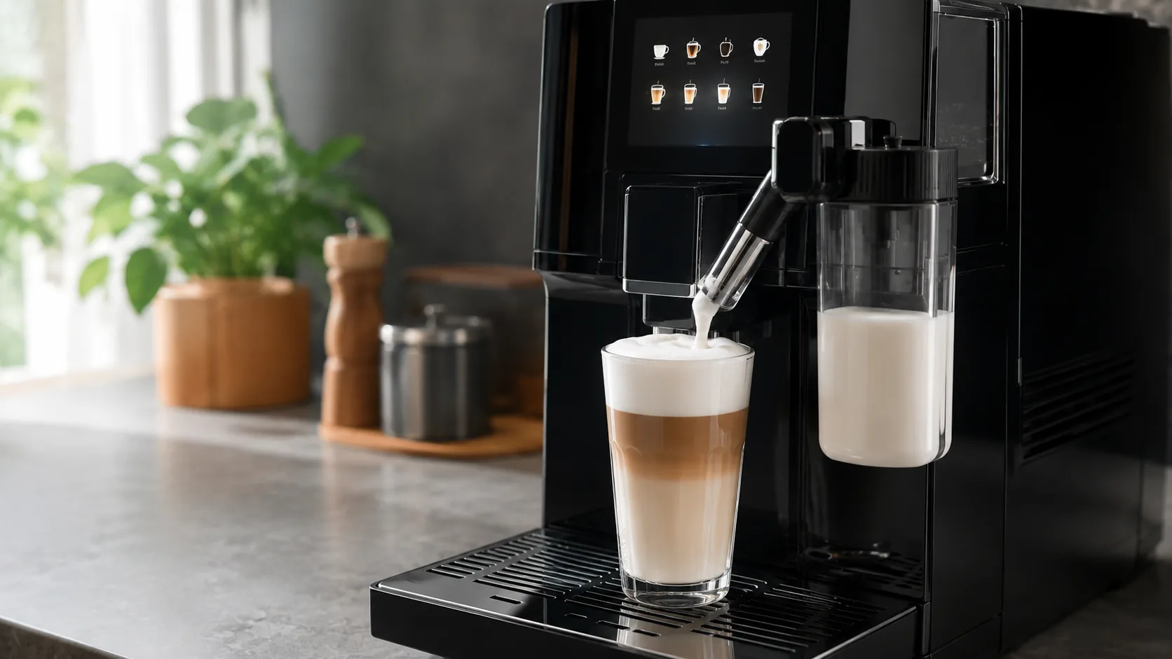 The fine-foam milk frother of a Jura E8 dispensing milk foam into a glass