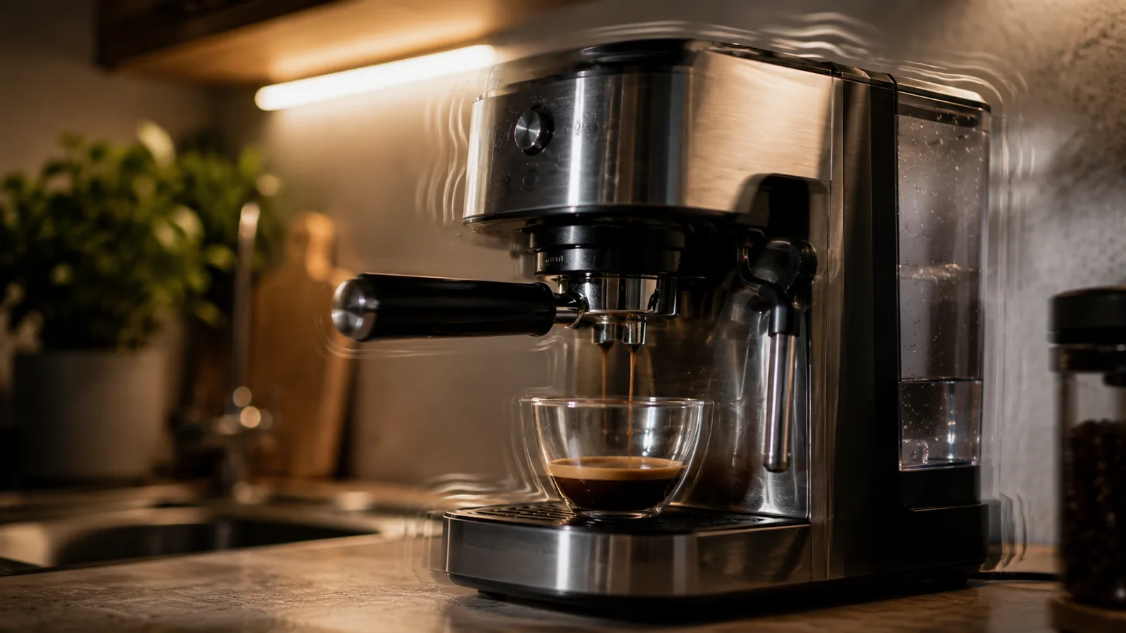 A home espresso machine running on a counter with a visibly vibrating, loud pump