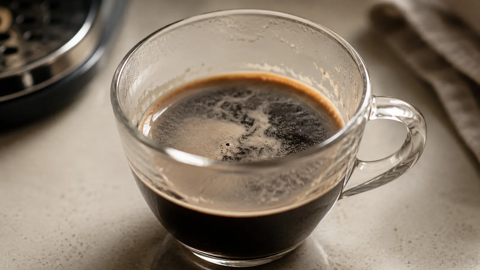 A pulled espresso in a glass with almost no crema, a thin pale surface over dark coffee