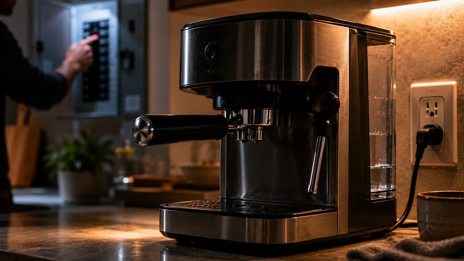 A home espresso machine gone dark next to a wall outlet, with a hand reaching for a breaker panel