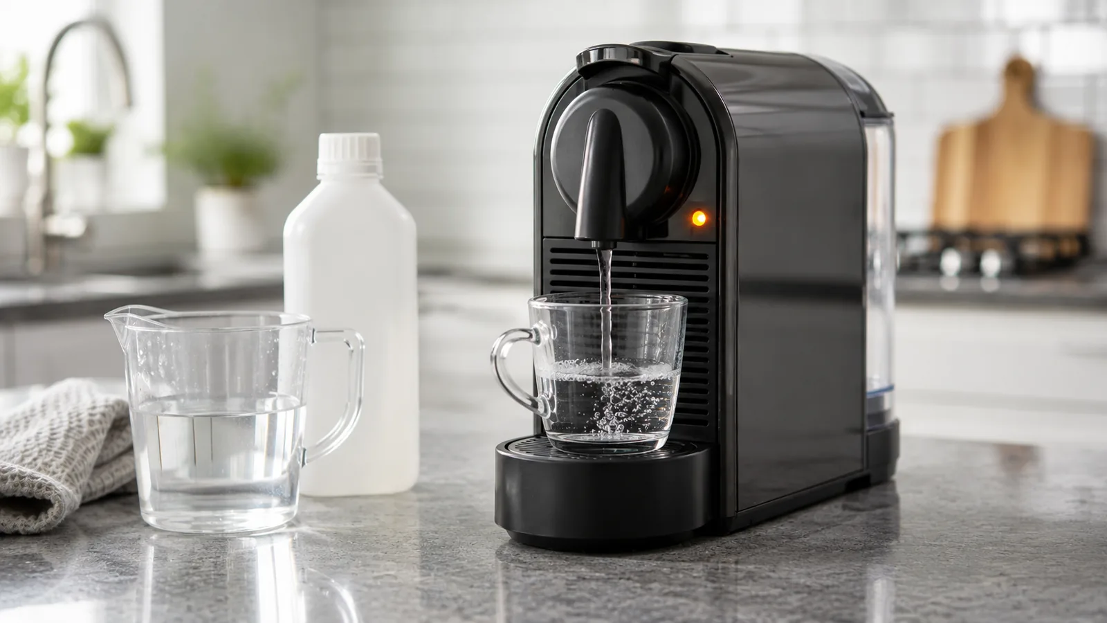 A Nespresso Vertuo mid-descaling with descaling solution and a jug of water beside it