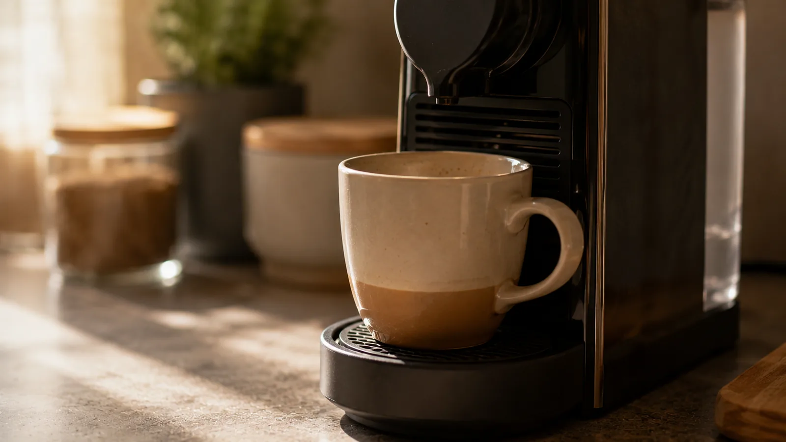 A Nespresso Vertuo pouring into a mug that is only half full, having stopped early