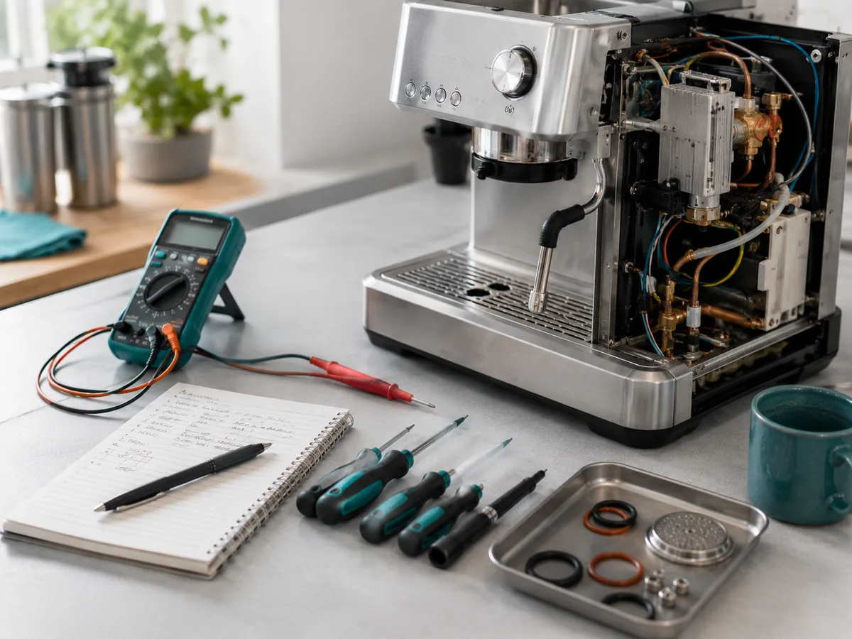A tidy coffee-machine repair workbench with tools and replacement parts