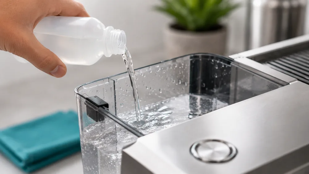 Pouring descaling solution into an espresso machine water tank