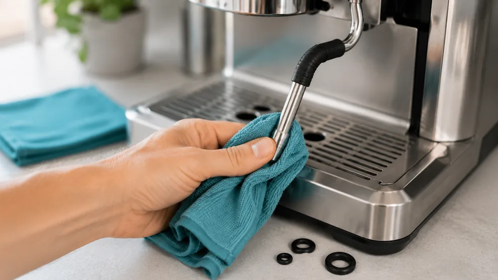 Wiping an espresso machine steam wand with replacement gaskets nearby